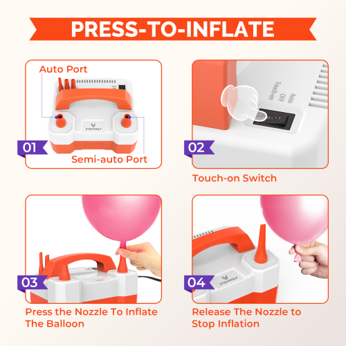 Step-by-step guide for ETENWOLF P400 electric balloon pump: switch to Touch-on mode, press the semi-auto nozzle to inflate, and release to stop.