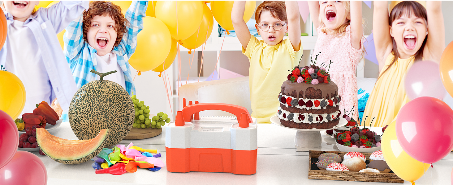 ETENWOLF P400 electric balloon pump on a party table with kids, cake, and colorful balloons, perfect for birthday celebrations.