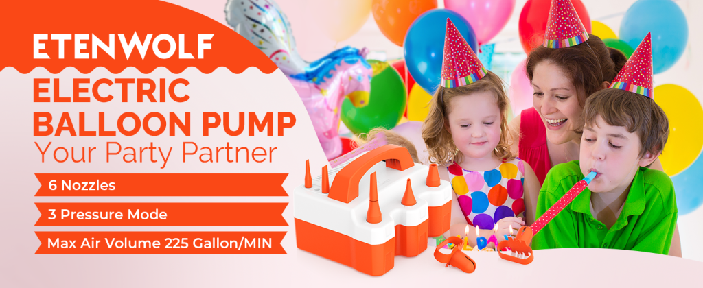 ETENWOLF balloon pump featuring 6 nozzles, 3 pressure modes, and 225 Gallon/MIN air volume for parties