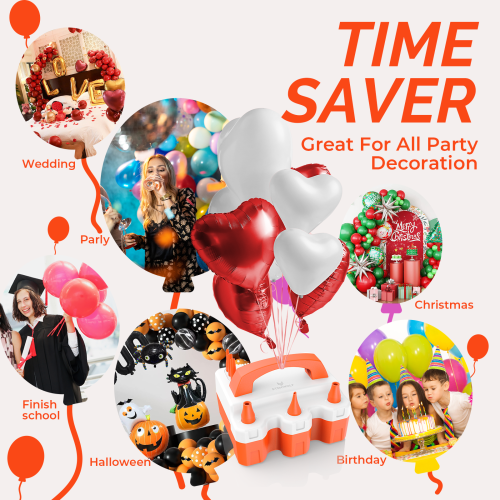 ETENWOLF balloon pump shown with various party themes like Wedding, Christmas, Birthday, and Halloween