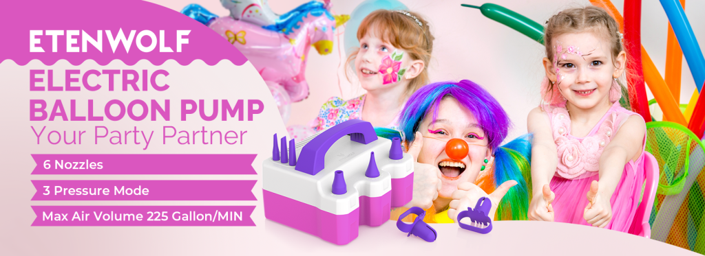 Purple ETENWOLF balloon pump with 6 nozzles and 225 Gallon/MIN airflow shown with happy children