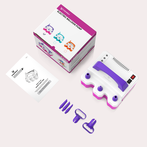 ETENWOLF P600 purple balloon pump kit with packaging box, manual, extension nozzles, and knotting tools