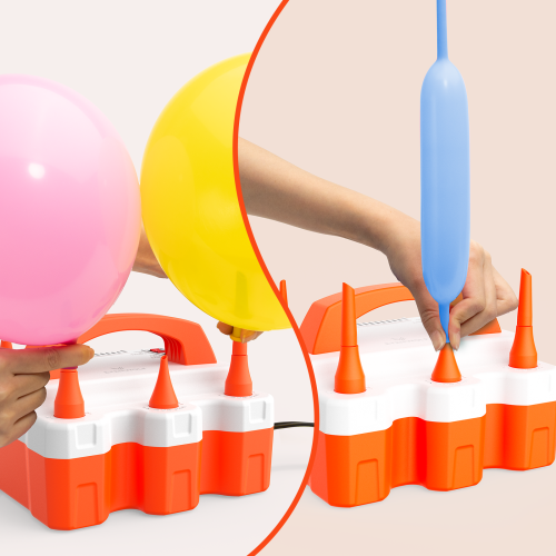 Demonstrating the inflation of round latex balloons and long twisting balloons using different nozzles