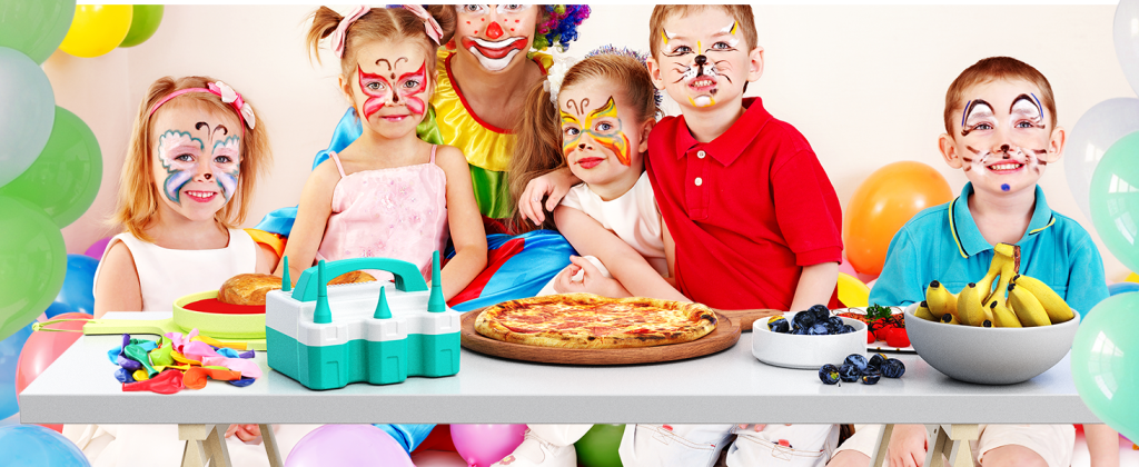 Group of children with face paint at a party featuring a Tiffany Blue electric balloon pump