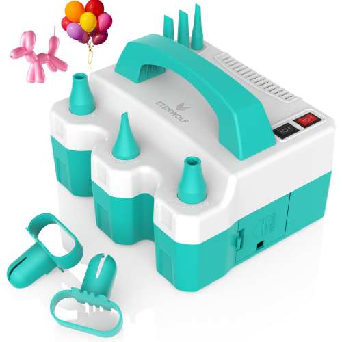 ETENWOLF P600 Tiffany Blue electric balloon pump with nozzles, tying tools, and colorful balloon decorations.