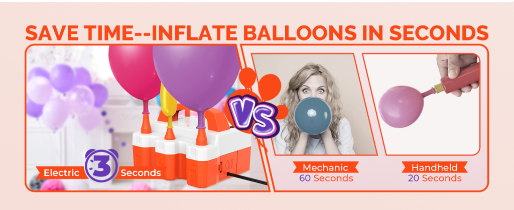 Infographic comparing electric pump (3s) vs manual blowing (60s) and handheld pump (20s) inflation times