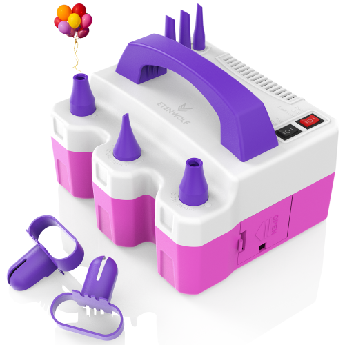 ETENWOLF P600 purple electric balloon pump with nozzles, tying tools, and colorful balloon decorations