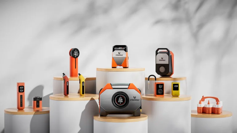 ETENWOLF portable tire inflator air compressor, smart digital tire gauge, and outdoor balloon pump product lineup.