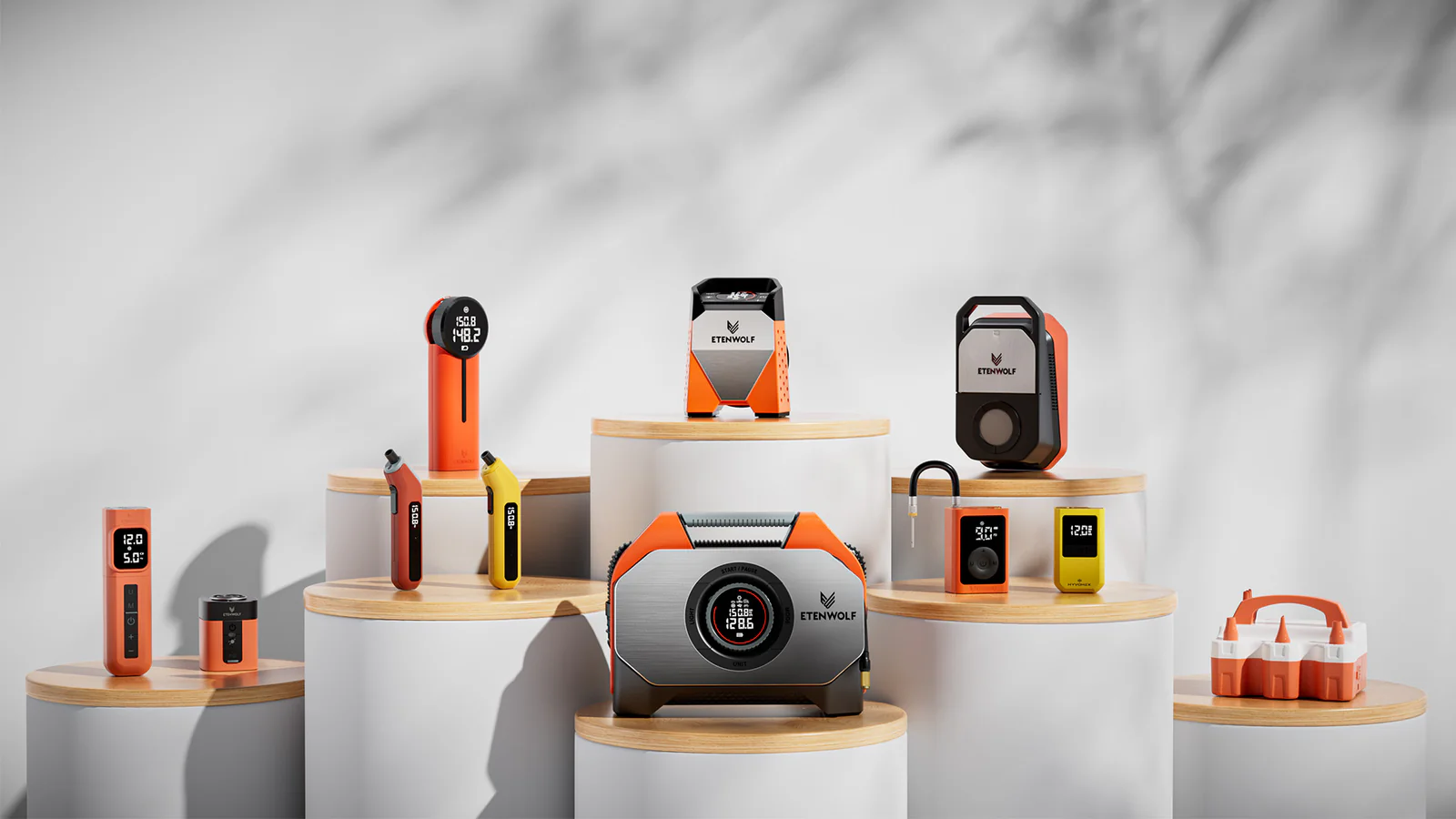 ETENWOLF portable tire inflator air compressor, smart digital tire gauge, and outdoor balloon pump product lineup.