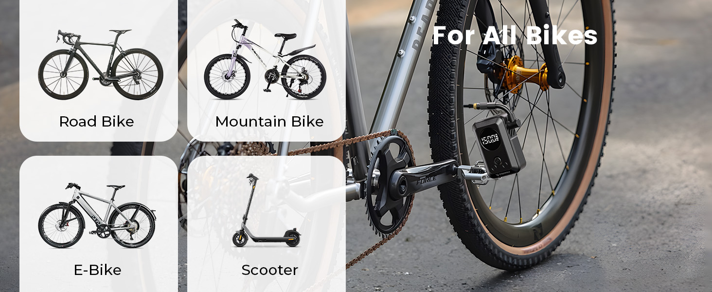ETENWOLF S0 electric bike pump shown inflating a bicycle, compatible with road bikes, mountain bikes, e-bikes, and scooters.