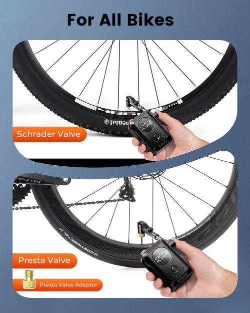 ETENWOLF S0 portable electric bike pump showing compatibility with both Schrader and Presta valves using the included adapter for all bicycle types.