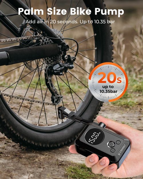 ETENWOLF S0 palm-size electric bike pump inflating a bicycle tire in 20 seconds, reaching up to 10.35 bar (150 PSI).