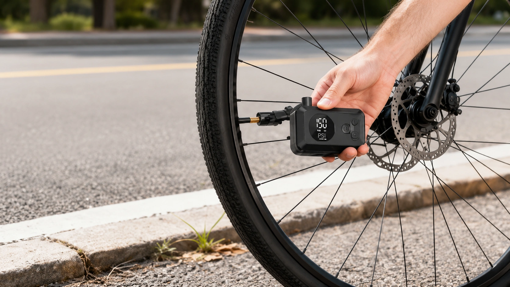 ETENWOLF S0 mini bike pump inflating a bicycle tire with digital pressure display