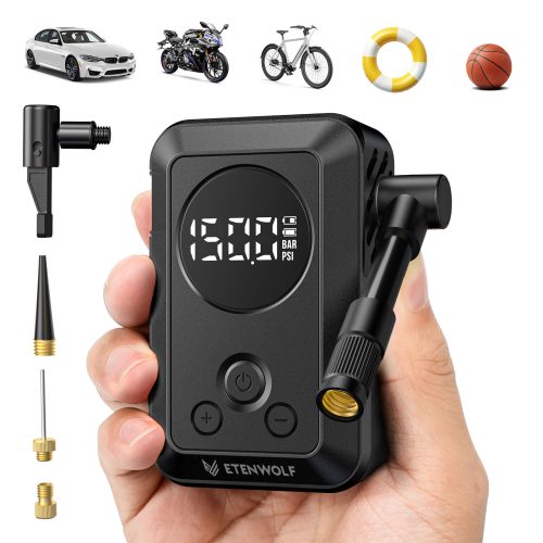 ETENWOLF S0 mini electric bike pump held in hand, showing digital gauge, 150 PSI capacity, and various nozzle adapters for bicycles, motorcycles, and balls.
