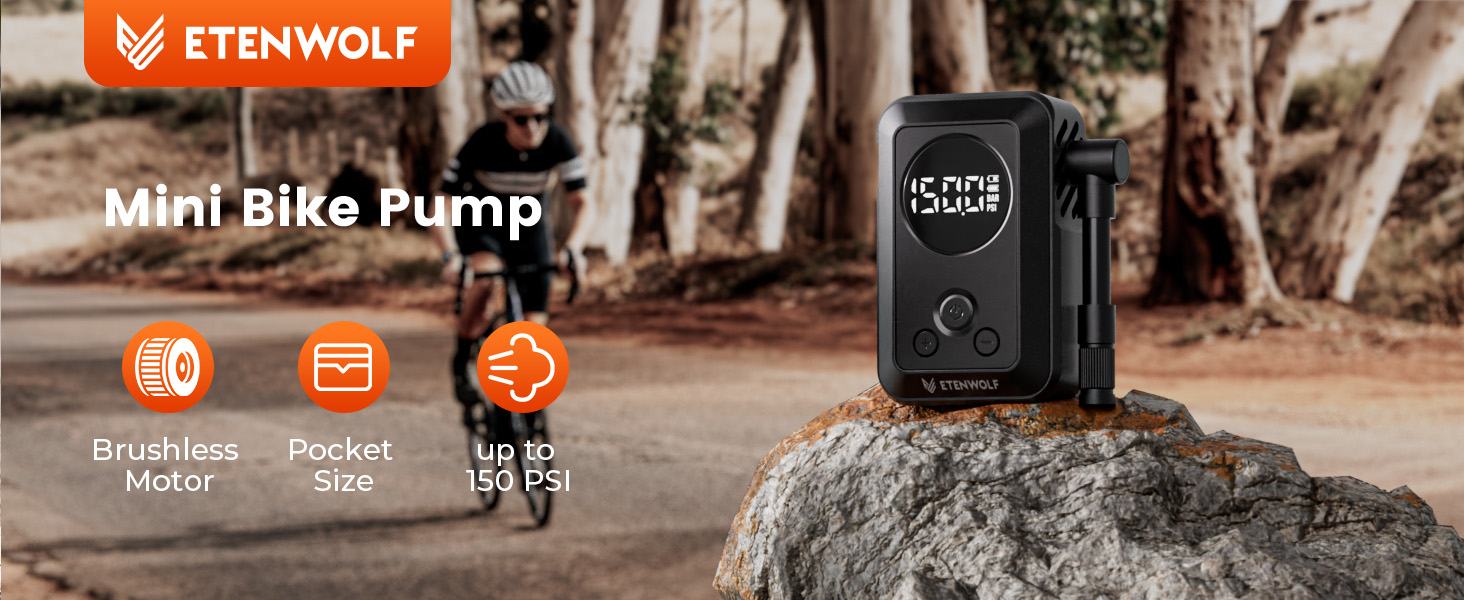 ETENWOLF S0 mini electric bike pump on a rock with a cyclist riding in the background, showing brushless motor and 150 PSI power.