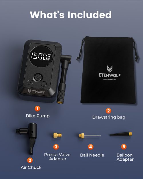Everything included in the ETENWOLF S0 package: mini electric bike pump, drawstring bag, air chuck, Presta valve adapter, ball needle, and balloon adapter.