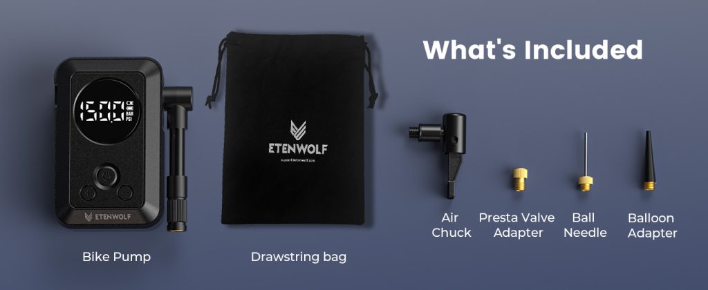ETENWOLF S0 orange electric bike pump package contents including drawstring bag, air chuck, Presta adapter, ball needle, and balloon adapter.