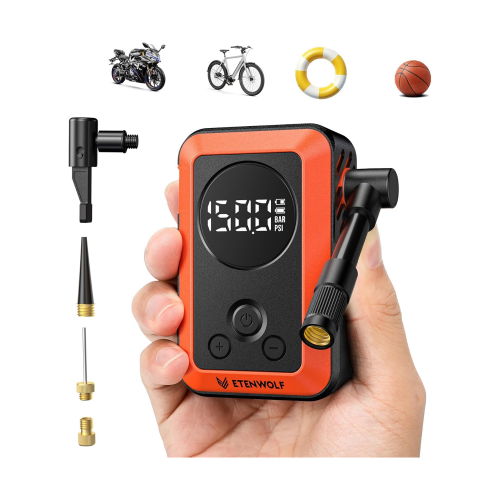 Handheld ETENWOLF S0 electric bike pump in vibrant orange, featuring a digital display, 360° rotating nozzle, and adapters for motorcycles, bicycles, swim rings, and sports balls.