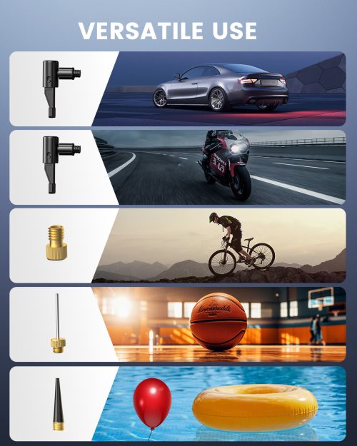 ETENWOLF S0 electric pump with 5 different nozzle adapters for versatile use on cars, motorcycles, road bikes (Presta), basketballs, and balloons.