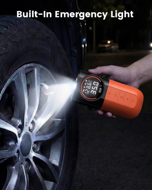 Using ETENWOLF S1 built-in LED emergency light to inflate a tire at night