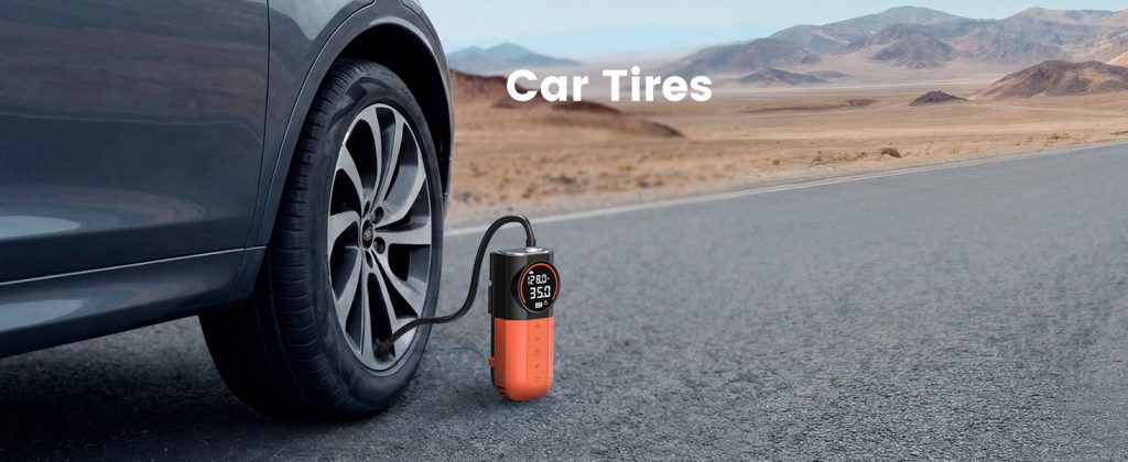 Using ETENWOLF S1 portable tire inflator to pump up a car tire on the roadside