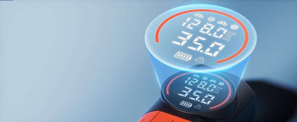 Close-up of ETENWOLF S1 high-brightness LCD screen showing real-time pressure, target preset, and battery level