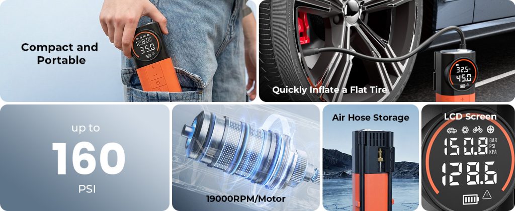 ETENWOLF S1 features: pocket-sized, 160 PSI, 19000 RPM motor, air hose storage, and LCD screen