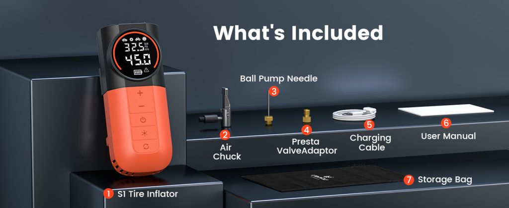 ETENWOLF S1 package contents showing all 7 items: inflator, air chuck, needle, Presta adapter, cable, manual, and storage bag