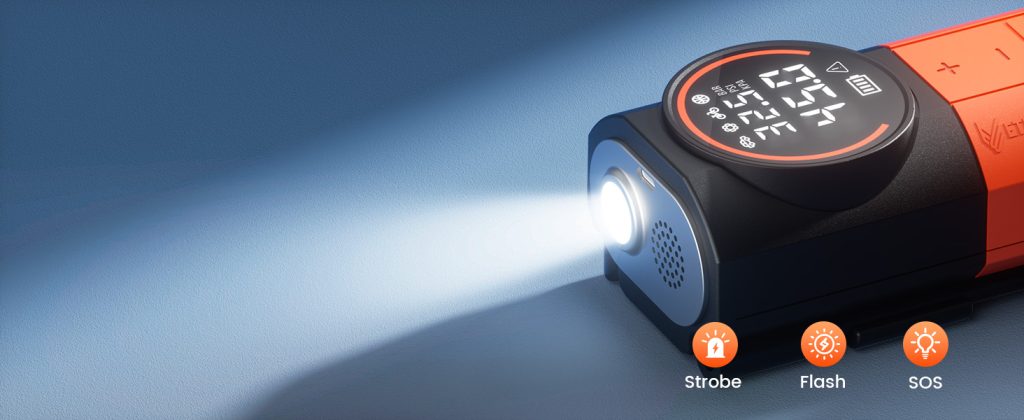 ETENWOLF S1 inflator close-up showing built-in LED with Strobe, Flash, and SOS modes