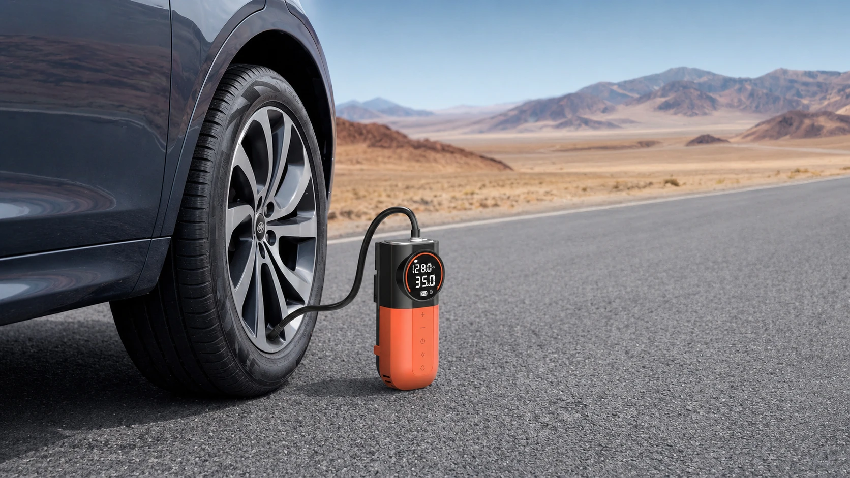 ETENWOLF S1 portable cordless tire inflator inflating a car tire