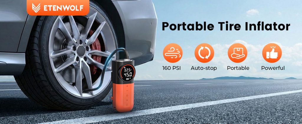 ETENWOLF S1 portable tire inflator inflating a car tire, highlighting 160 PSI, auto-stop, and powerful features