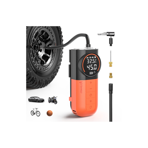 ETENWOLF S1 orange portable tire inflator with full nozzle kit for car, motorcycle, bike, and balls