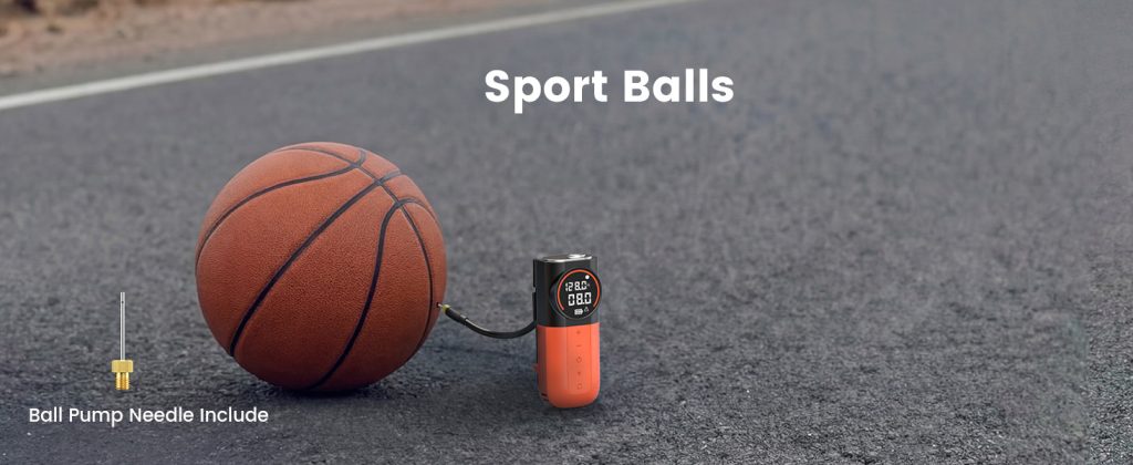 ETENWOLF S1 inflating a basketball, with the included ball pump needle shown in the corner