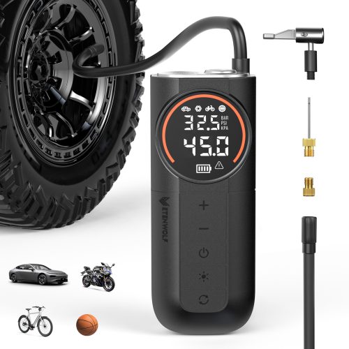 ETENWOLF S1 black tire inflator with various nozzles for car, motorcycle, bike, and balls