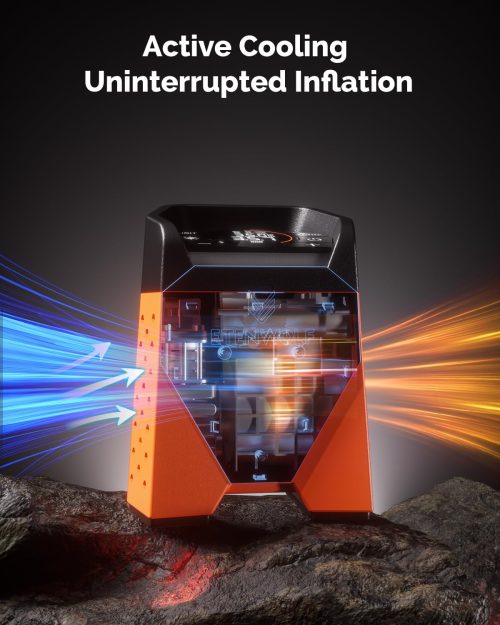 ETENWOLF S3 air compressor featuring an active cooling system and dual-cylinder for 100% duty cycle uninterrupted inflation