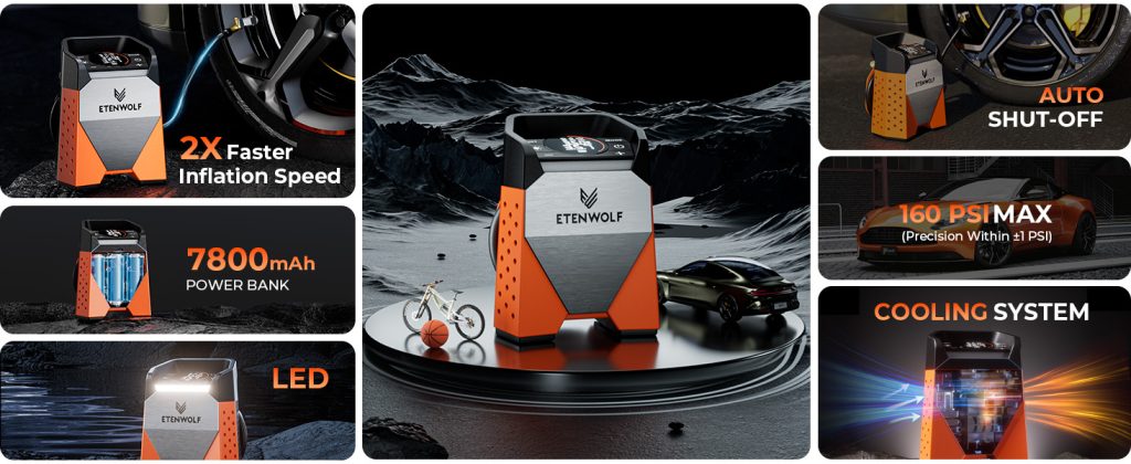 ETENWOLF S3 features: 2X faster inflation, 7800mAh power bank, 300lm LED, auto shut-off, 160 PSI Max, and advanced cooling system