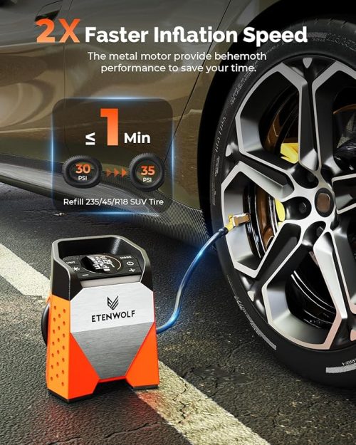 ETENWOLF S3 portable tire inflator filling a 235/45/R18 SUV tire from 30 to 35 PSI in 1 minute
