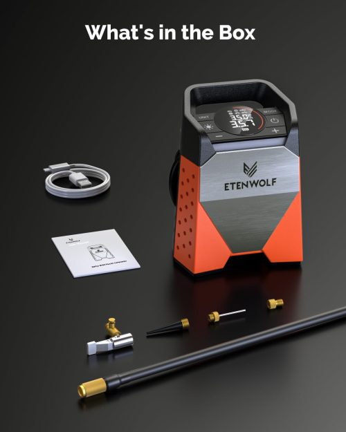 Package contents of ETENWOLF S3: air compressor, air hose, USB-C cable, user manual, and multiple nozzle adapters for balls and bikes.