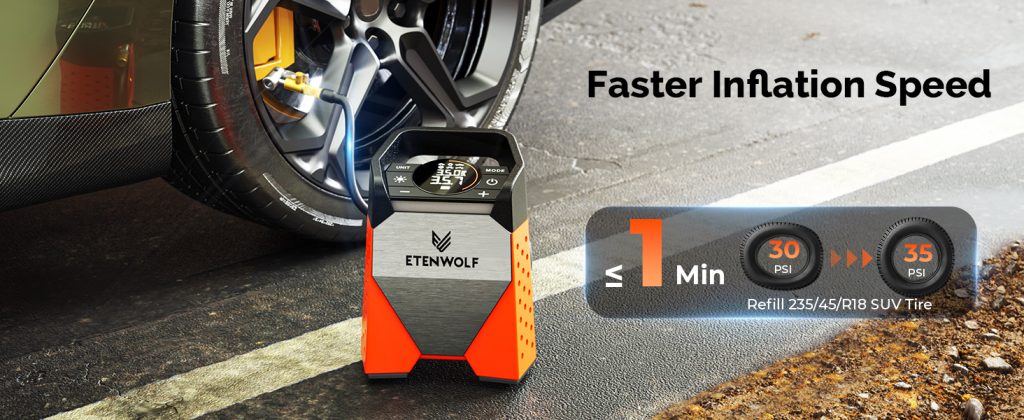 Displays the ETENWOLF S3 in a roadside scenario, highlighting its heavy-duty performance for larger vehicles