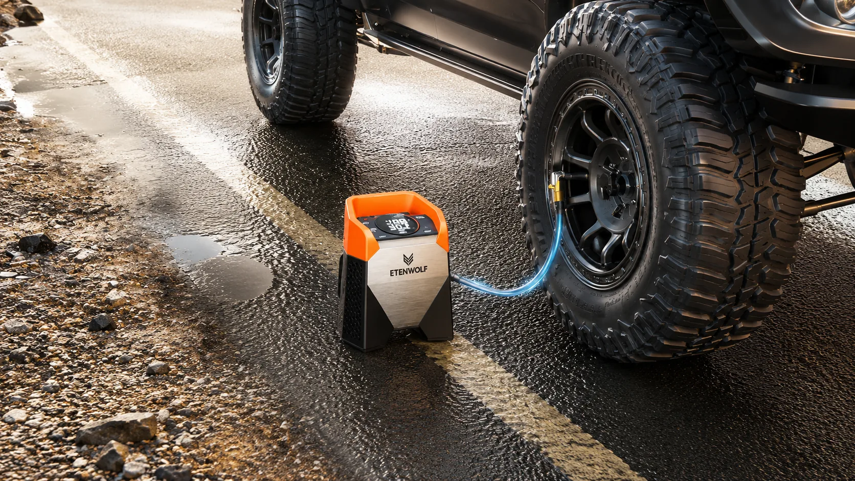 ETENWOLF S5 portable tire inflator inflating an off-road truck tire