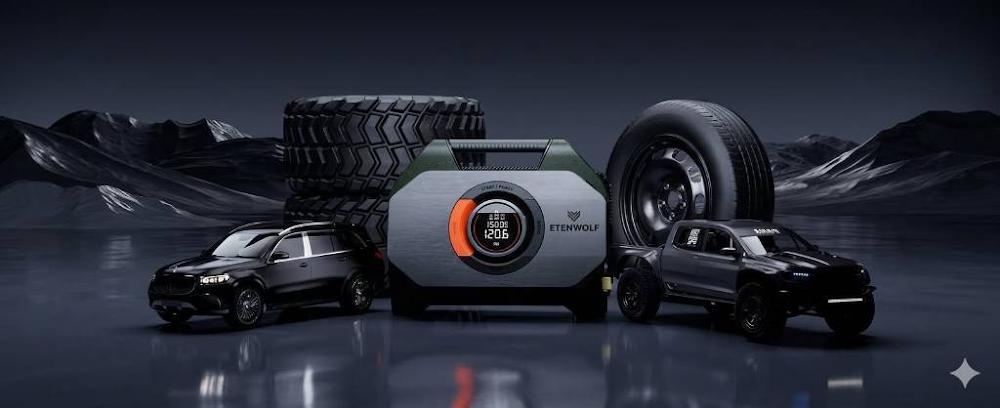 ETENWOLF S7 portable heavy-duty cordless tire inflator in a premium black studio setting with clear display text, surrounded by a black SUV, an off-road pickup truck, and multiple replacement tires.