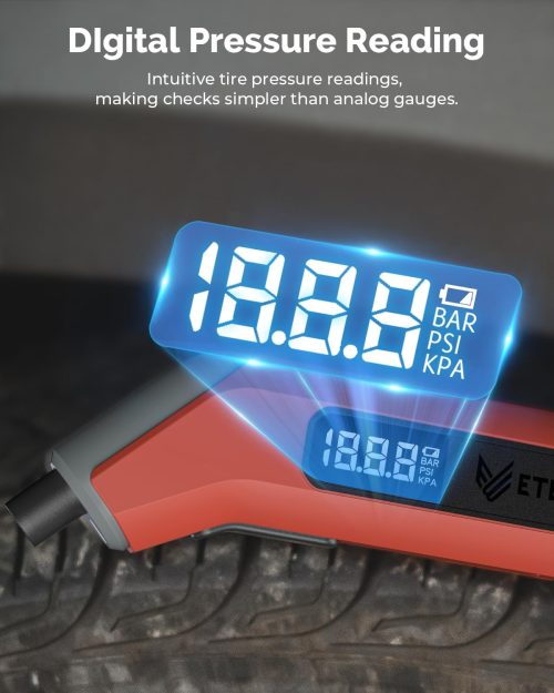 ETENWOLF T300 clear digital tire pressure reading on backlit LCD display with multiple units