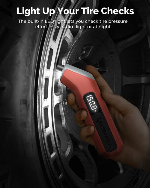 ETENWOLF T300 tire gauge with integrated LED light for easy nighttime tire pressure checks