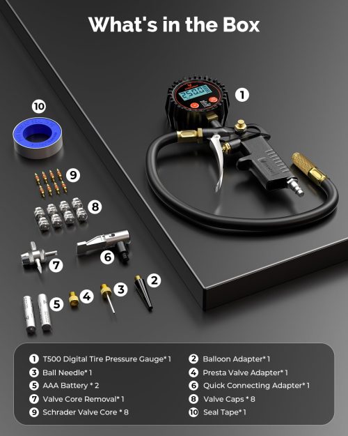 ETENWOLF T500 box contents: 25-piece tire pressure gauge kit with valve cores, caps, and adapters