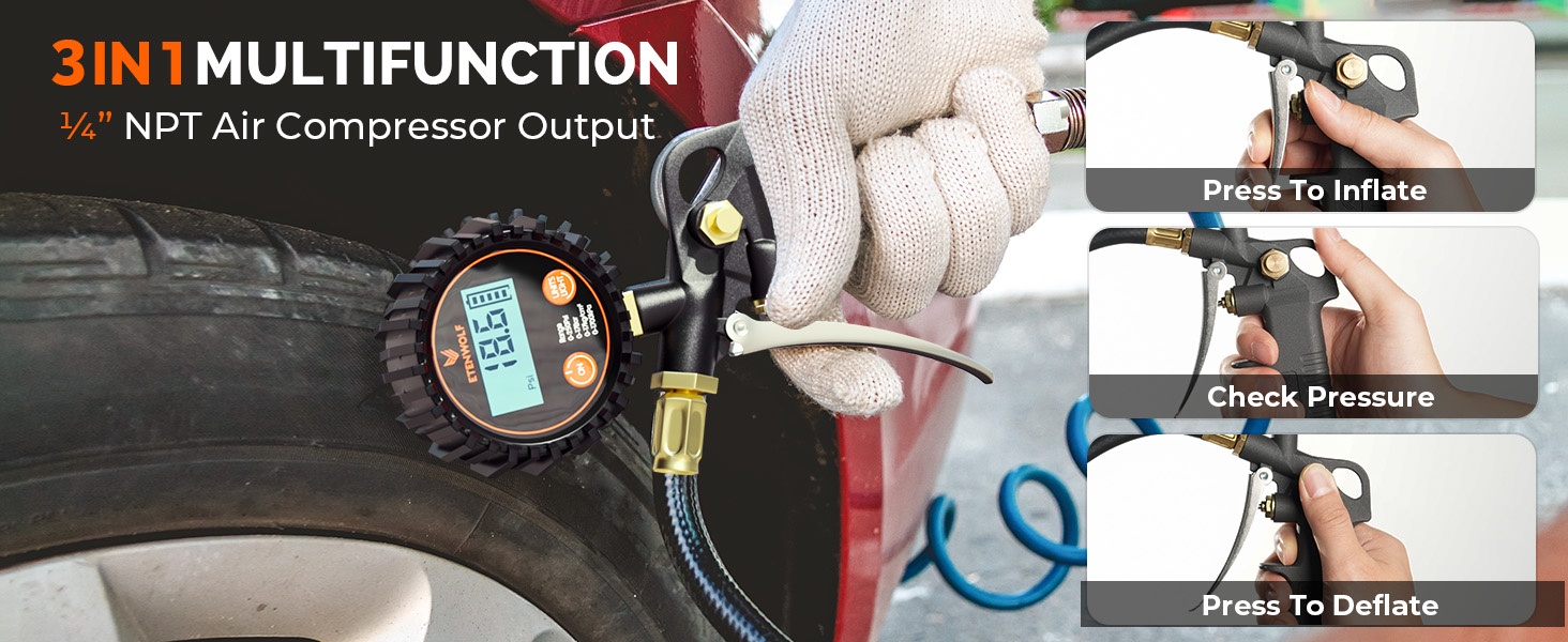 ETENWOLF T500 3-in-1 tire gauge functions showing inflate, check pressure, and deflate with 1/4 inch NPT output