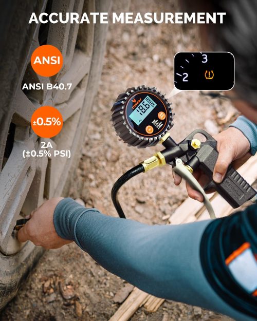 ETENWOLF T500 digital tire gauge with ±0.5% accuracy ANSI B40.7 Grade 2A to fix TPMS warning light