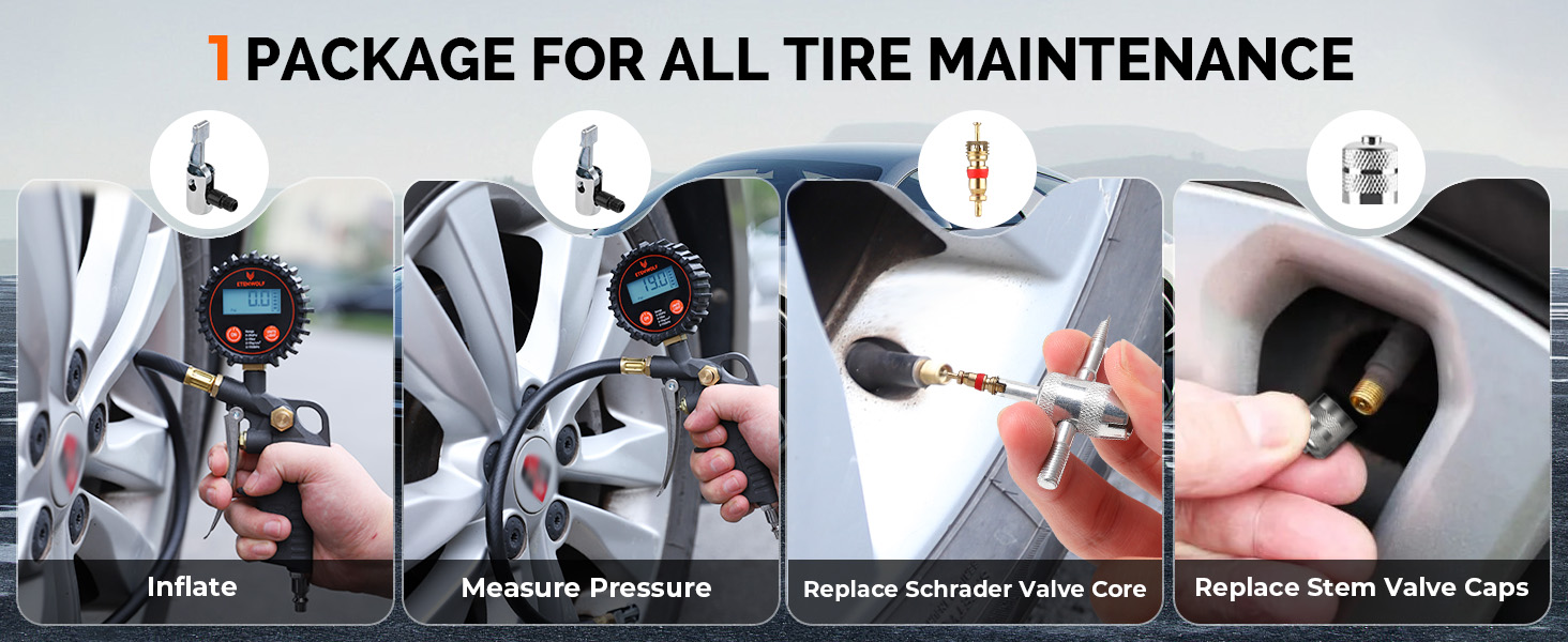 ETENWOLF T500 for tire inflation, pressure checking, valve core replacement, and stem cap installation