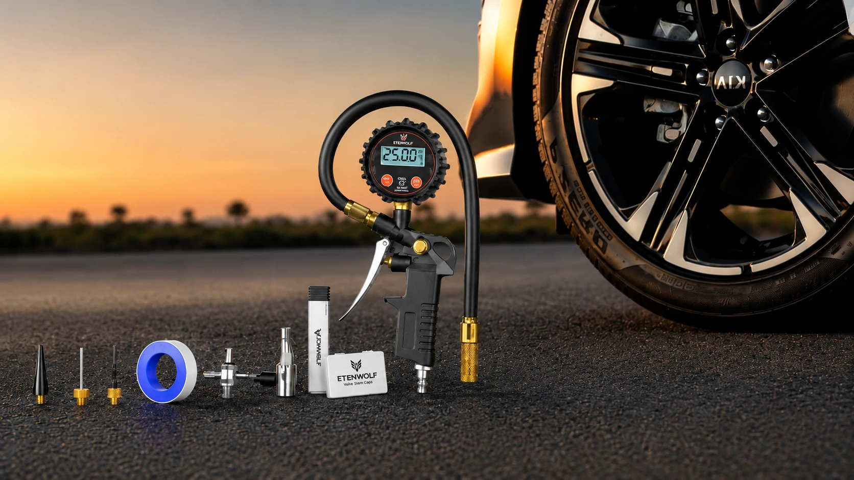 ETENWOLF T500 digital tire pressure gauge and inflator kit displayed with tire accessories and car wheel background.