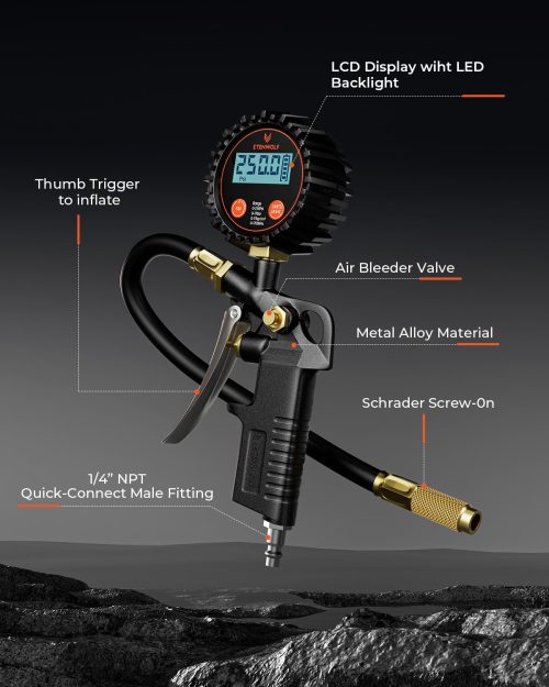 ETENWOLF T500 anatomy showing metal alloy body, 1/4 inch NPT fitting, and LCD backlight