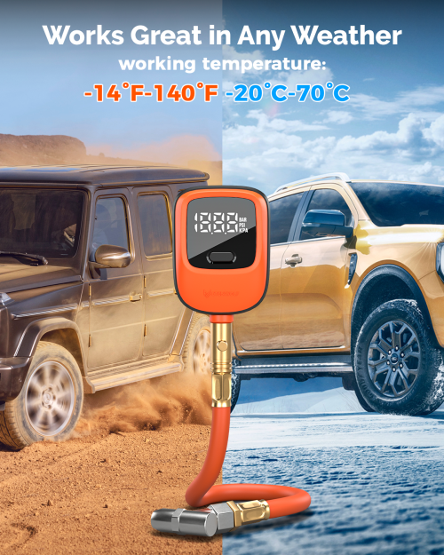 ETENWOLF T600 tire gauge shown in extreme weather conditions, highlighting a wide working temperature range from -4°F to 158°F (-20°C to 70°C).